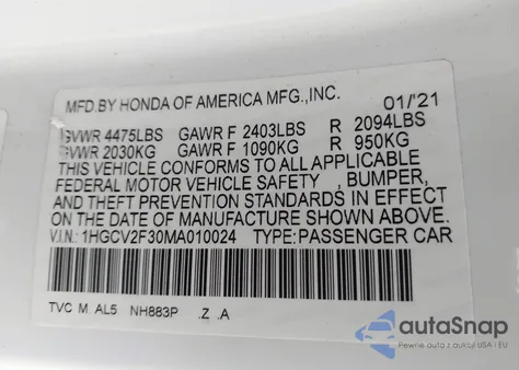 2021 Honda Accord Sport 2.0T из США, поврежденный, VIN 1HGCV2F30MA010024